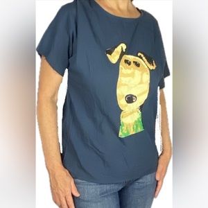 100% Cotton scrub shirt puppy dog graphic with raw hem sleeves